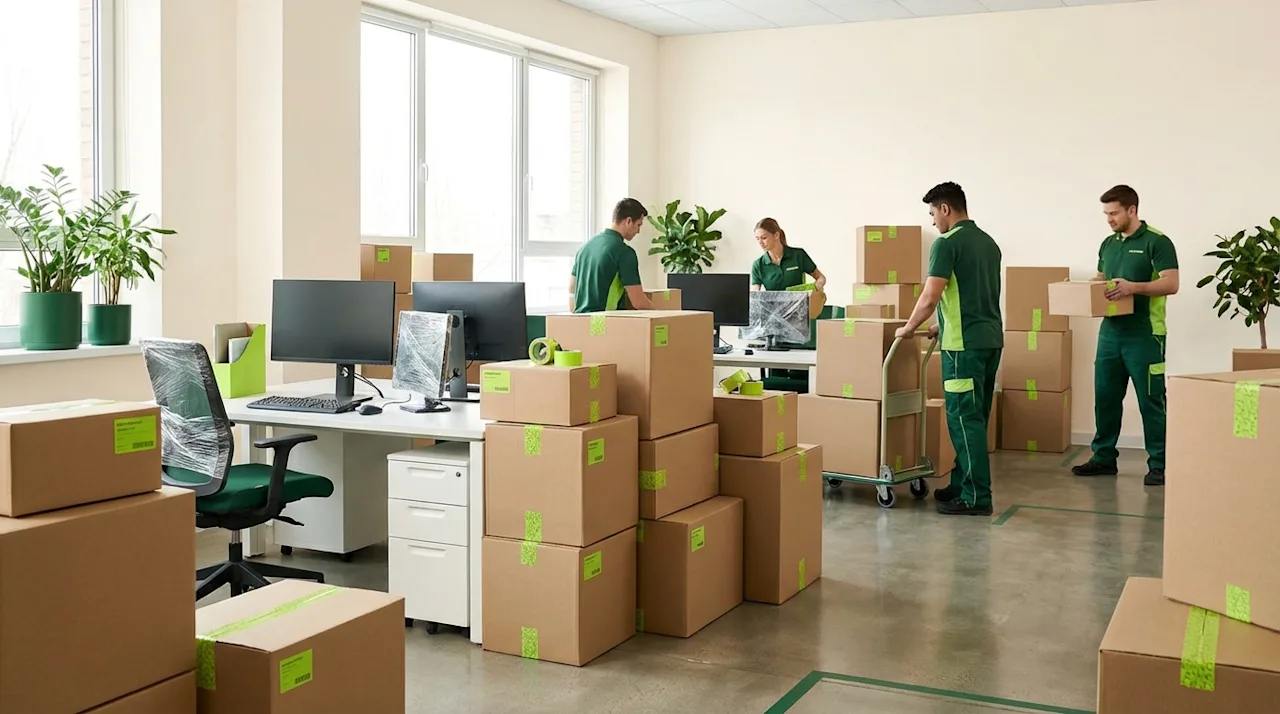 Professional movers in green uniforms organizing boxes and equipment during a commercial office relocation.