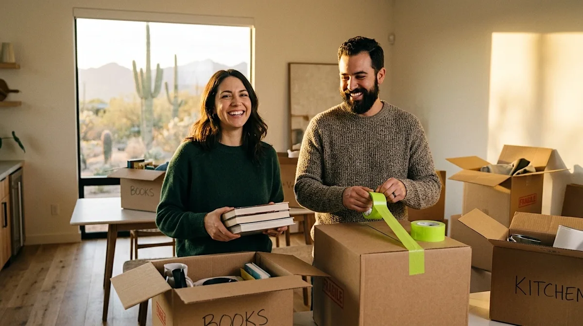 Candid lifestyle photography of a smiling couple packing brown cardboard moving boxes in a beautiful, sun-drenched home in Ph