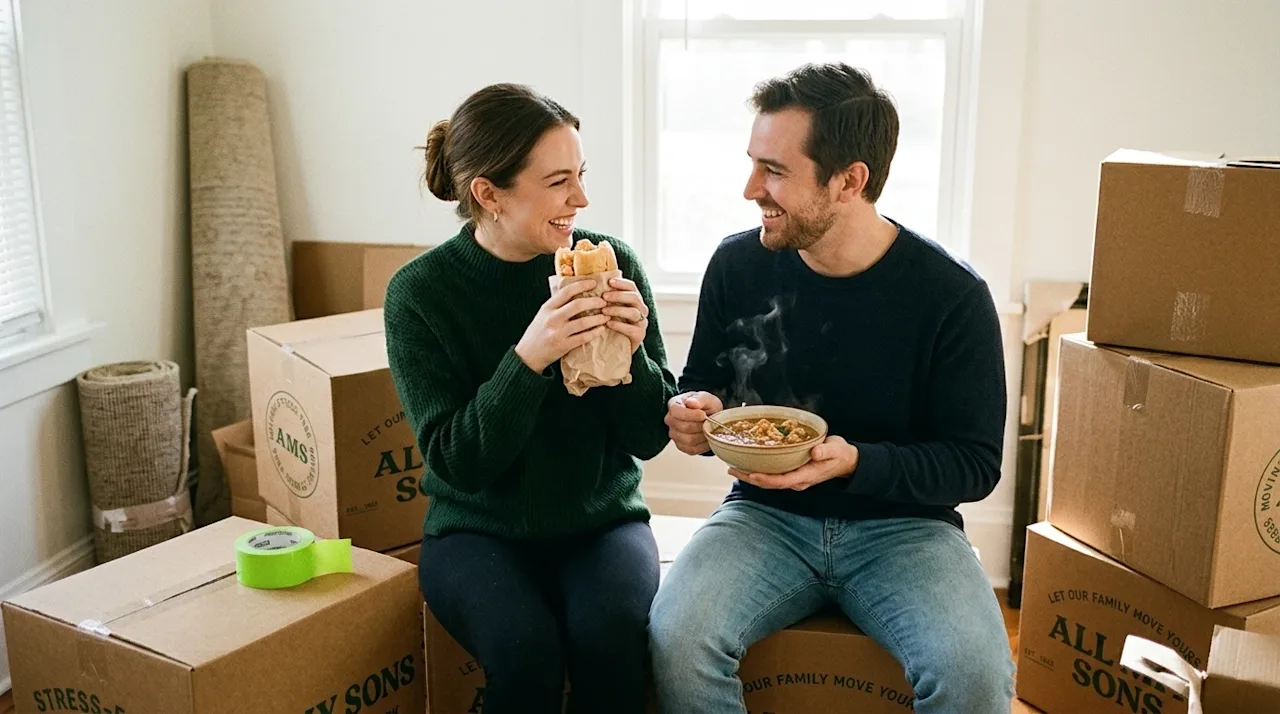 A joyful couple enjoying some take out food while unpacking boxes in their new home.