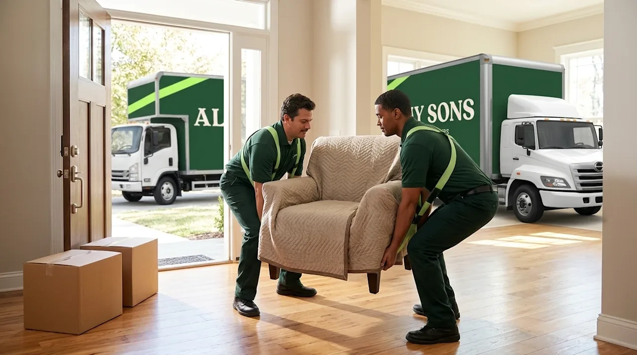 Clear and professional marketing photography of two professional movers demonstrating how to move safely. The movers, wearing