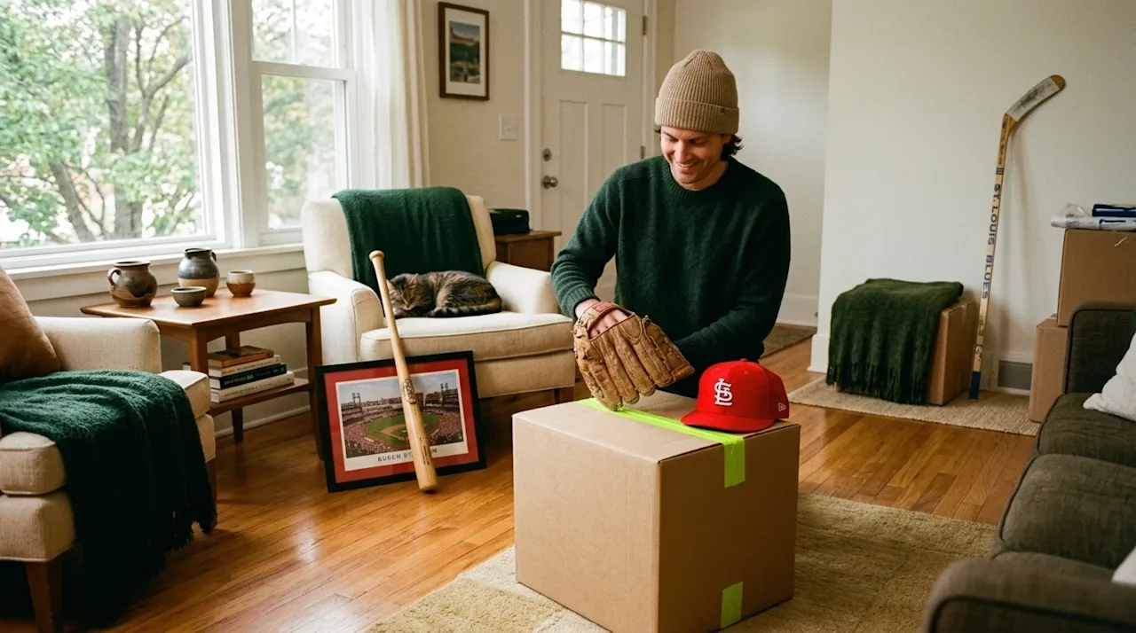 A person is happily packing St. Louis sports memorabilia into a moving box.
