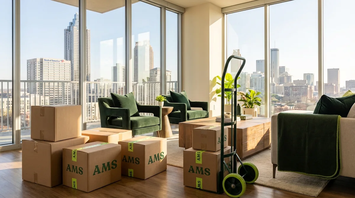 Luxury Atlanta condo moving scene with All My Sons boxes and a professional dolly overlooking the city skyline.