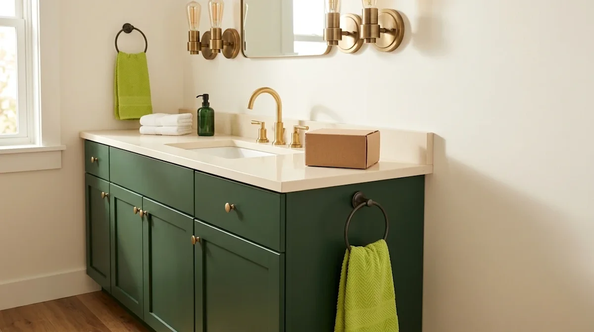 High-quality lifestyle interior photography of a beautifully updated residential bathroom vanity. The focal point is a sleek,