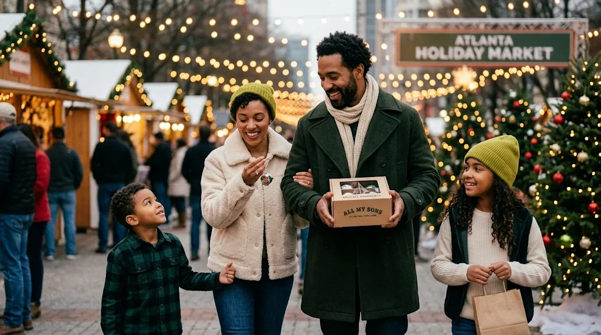 Candid lifestyle photography of a joyful family walking through a festive outdoor winter holiday market in Atlanta at dusk. T