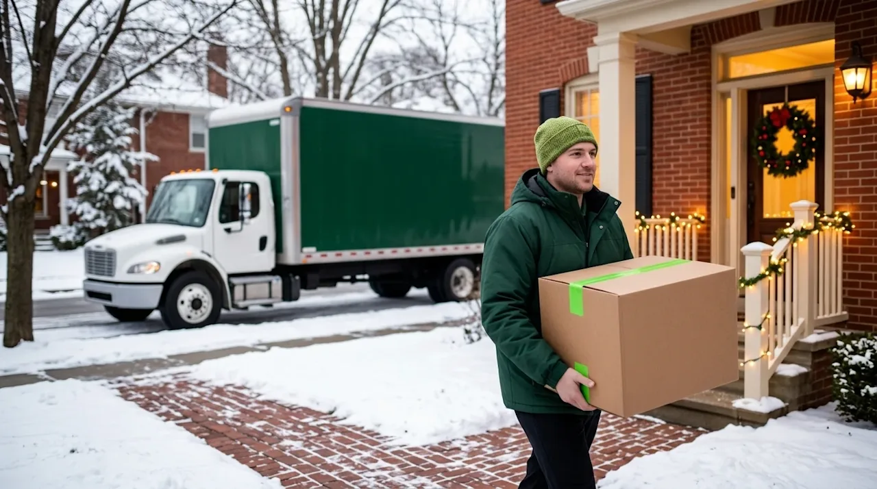 A photorealistic image of a winter moving day during the Christmas season in a classic Columbus, Ohio neighborhood. In the fo