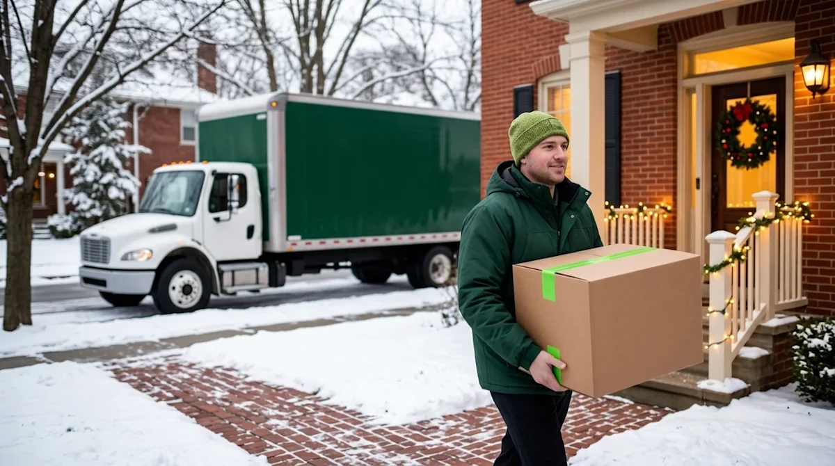A photorealistic image of a winter moving day during the Christmas season in a classic Columbus, Ohio neighborhood. In the fo