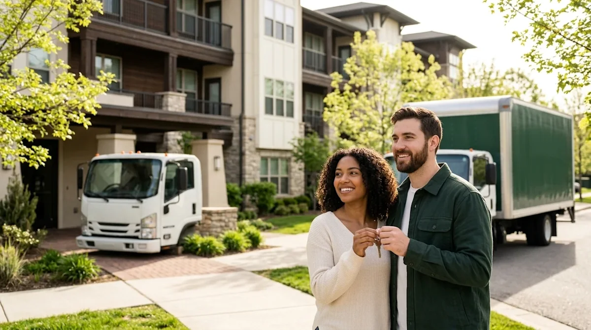 Professional marketing photography of a happy, diverse young couple standing on a sunny sidewalk in front of a modern America
