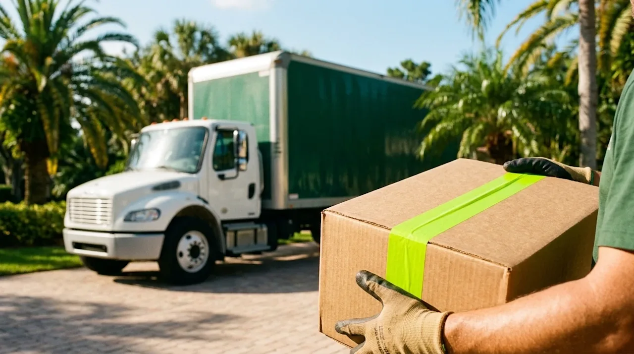 High-quality lifestyle photography of a stress-free residential move on a bright, sunny day in Orlando, Florida. In the foreg