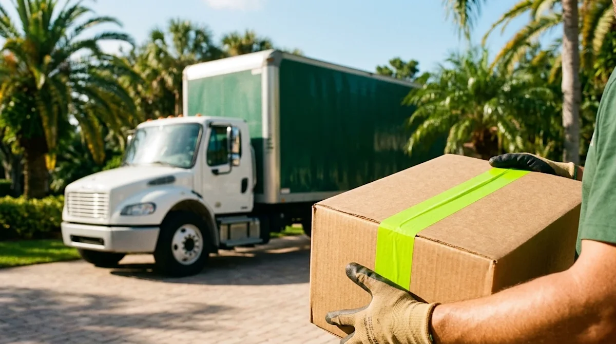 High-quality lifestyle photography of a stress-free residential move on a bright, sunny day in Orlando, Florida. In the foreg