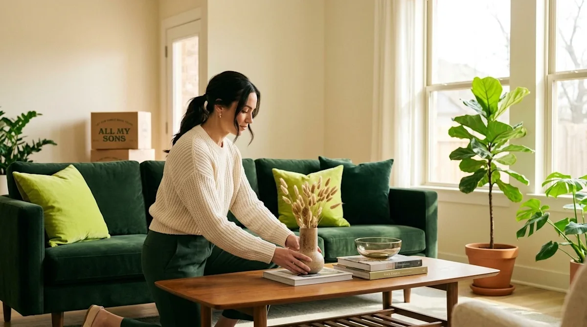 Professional marketing lifestyle photography of a bright, beautifully designed living room in an Oklahoma City home. An elega