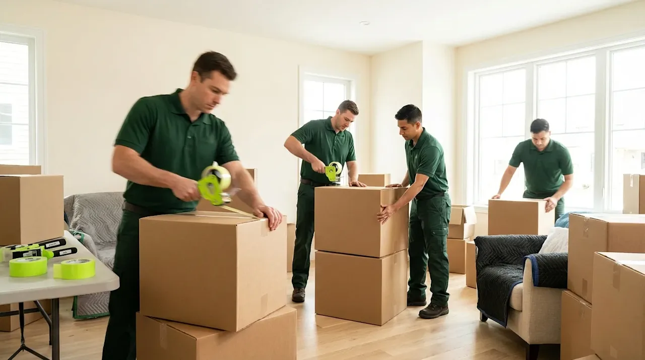 Professional movers in green uniforms quickly packing cardboard boxes in a bright home for a fast house move.