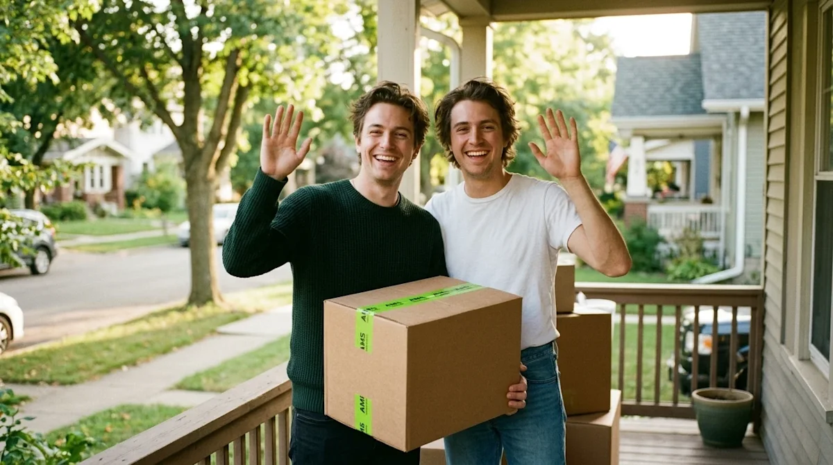 Candid lifestyle photography of a friendly young couple who just moved in, standing on their sunlit front porch and smiling w