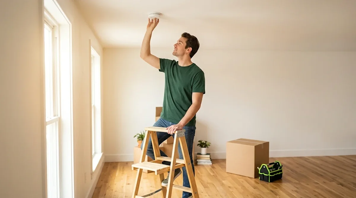 Professional lifestyle marketing photography of a young homeowner in a warm, sunlit living room, standing on a small wooden s