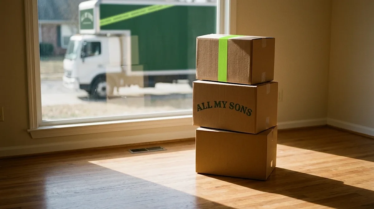 A poignant, realistic photograph capturing the emotional transition of moving out of a home, representing the topic of forecl