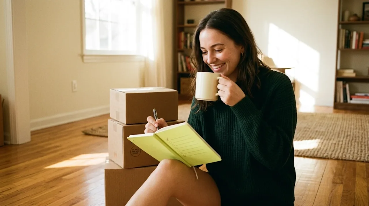 Candid lifestyle photography of a smiling young woman sitting comfortably on the wooden floor of her cozy, sunlit living room