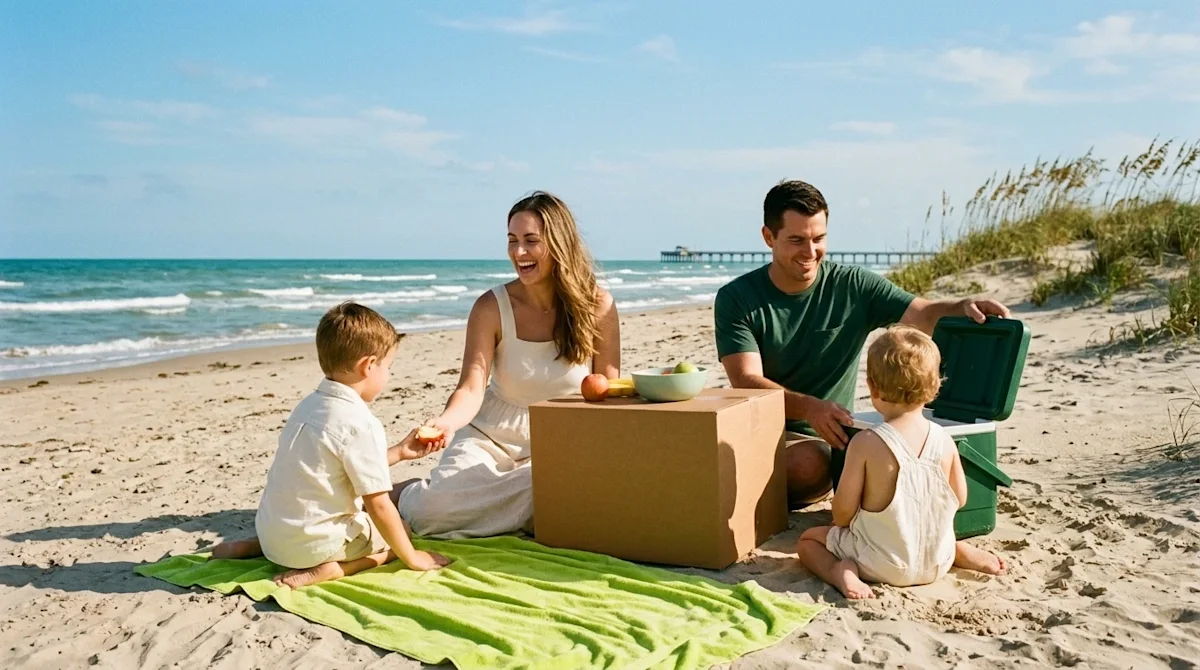 A candid, photorealistic 35mm film photography shot of a happy family enjoying a sunny outdoor day at the beach in Corpus Chr