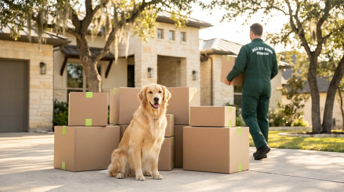 Golden retriever sitting calmly among packing boxes on a sunny driveway in Round Rock, Texas, with a mover in the background.