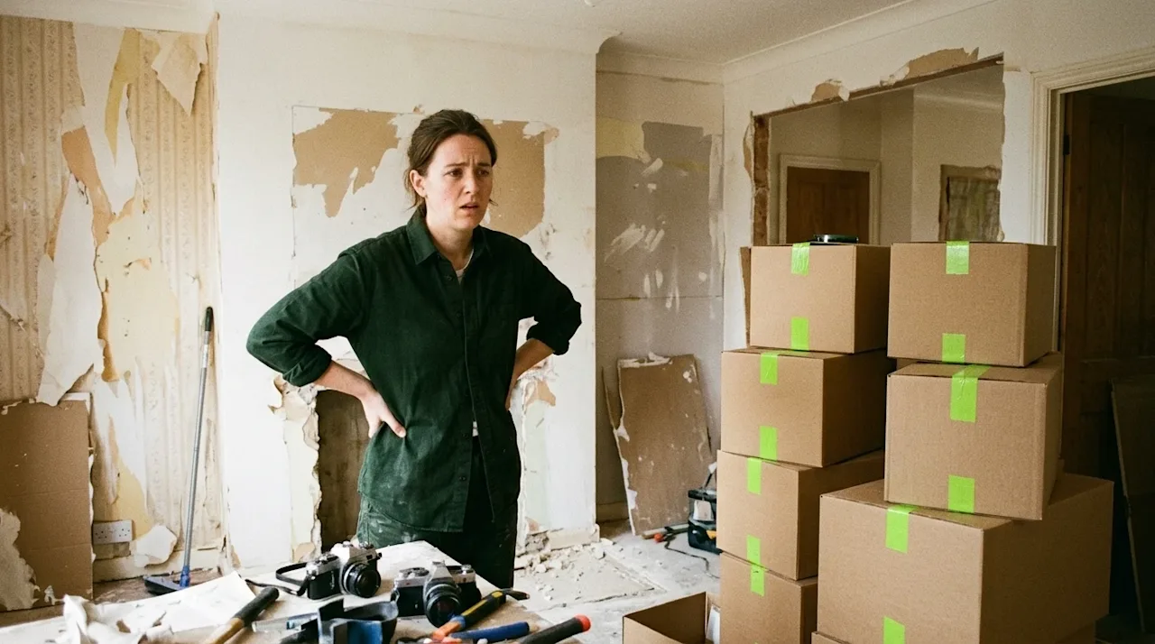 Photorealistic candid lifestyle photography of a stressed homeowner standing in the middle of a chaotic, half-finished home r