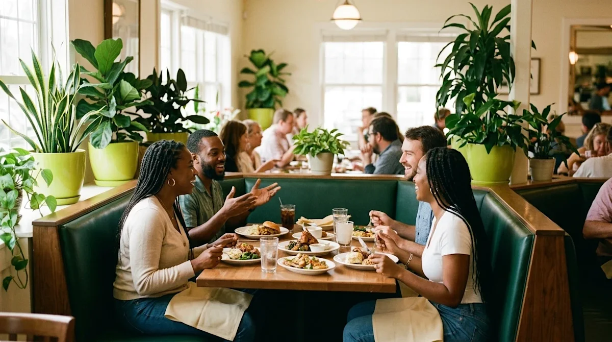 A candid, warm lifestyle photograph of a lively, inviting restaurant scene in South Raleigh. The image features a cozy dining