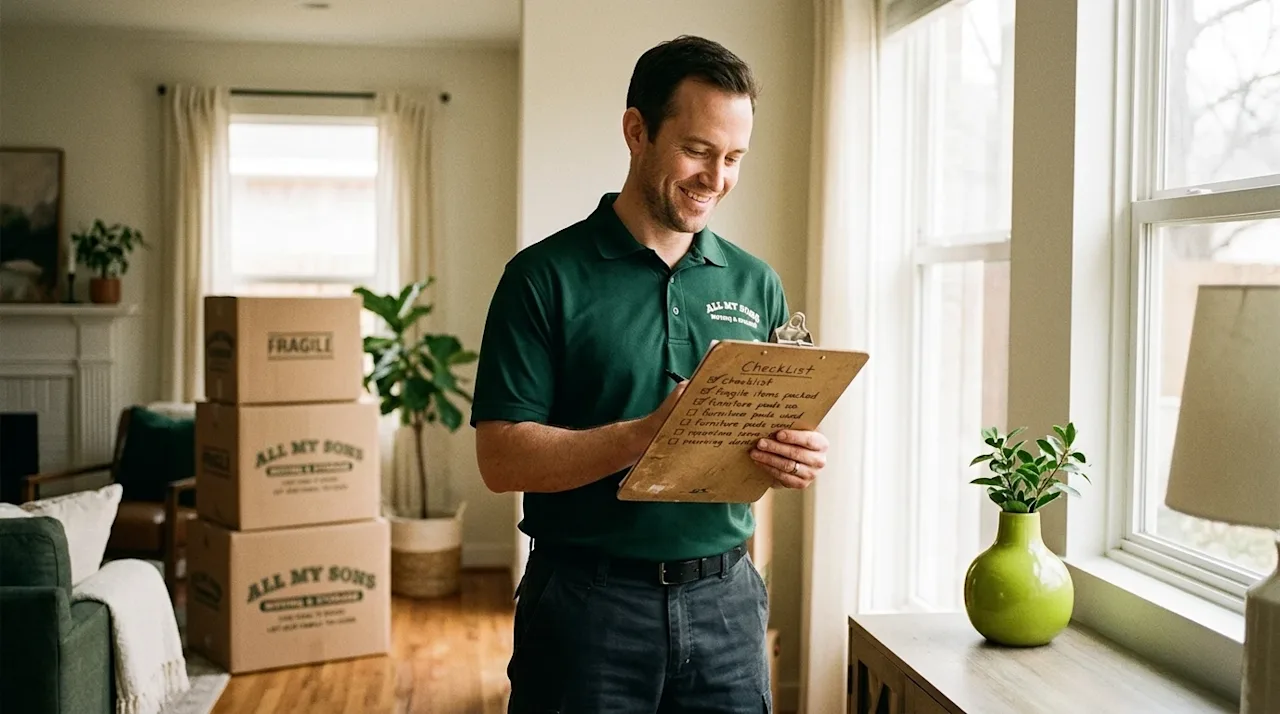 A candid, authentic lifestyle photograph shot on 35mm film, featuring a professional moving coordinator in a deep forest gree