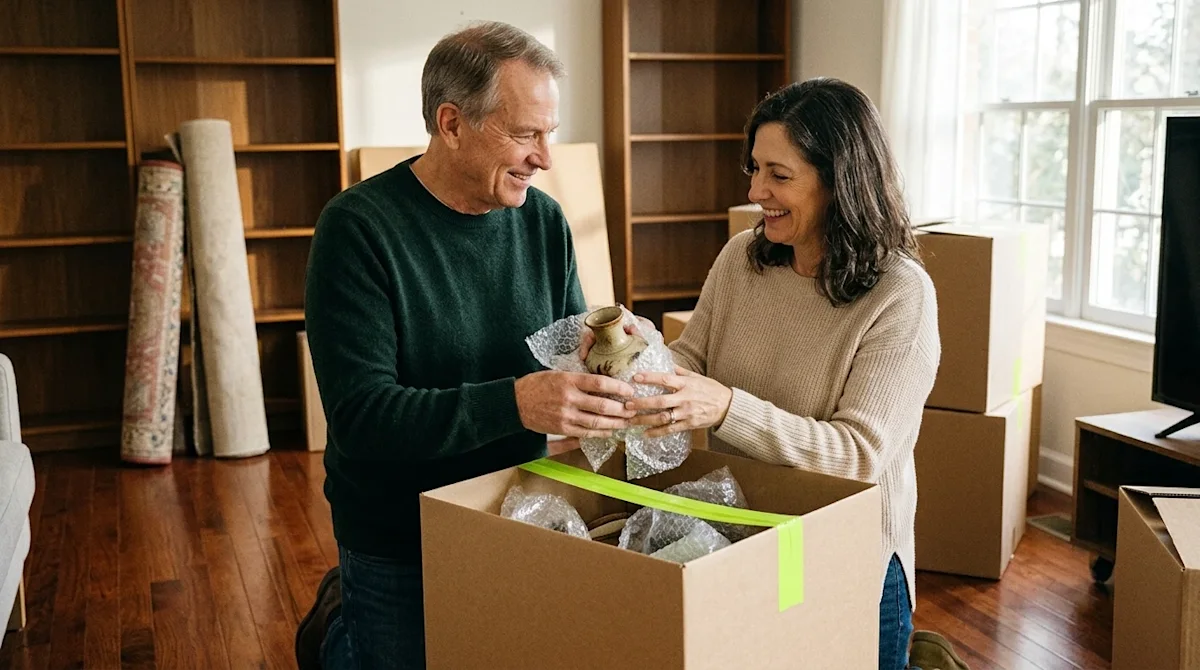 Candid, warm lifestyle photography of a smiling mature couple downsizing their home, carefully wrapping and packing cherished