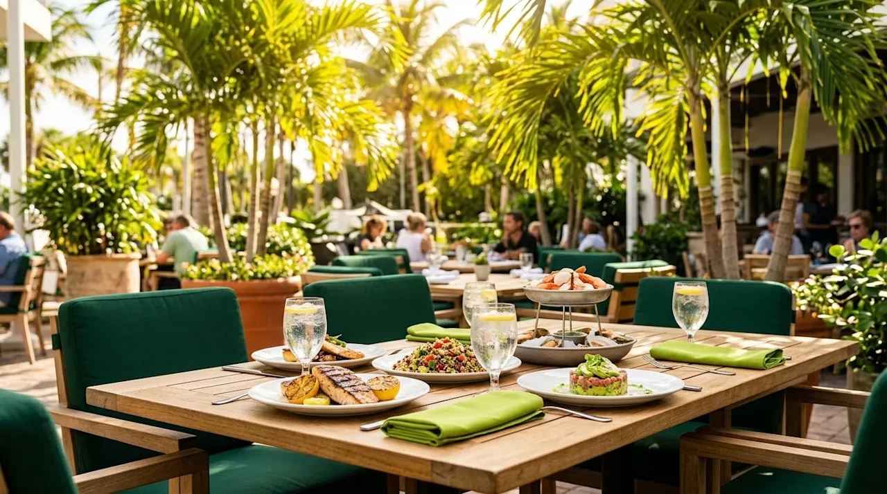 Professional marketing photography of a vibrant, upscale outdoor restaurant patio in sunny West Palm Beach, Florida. A warmly
