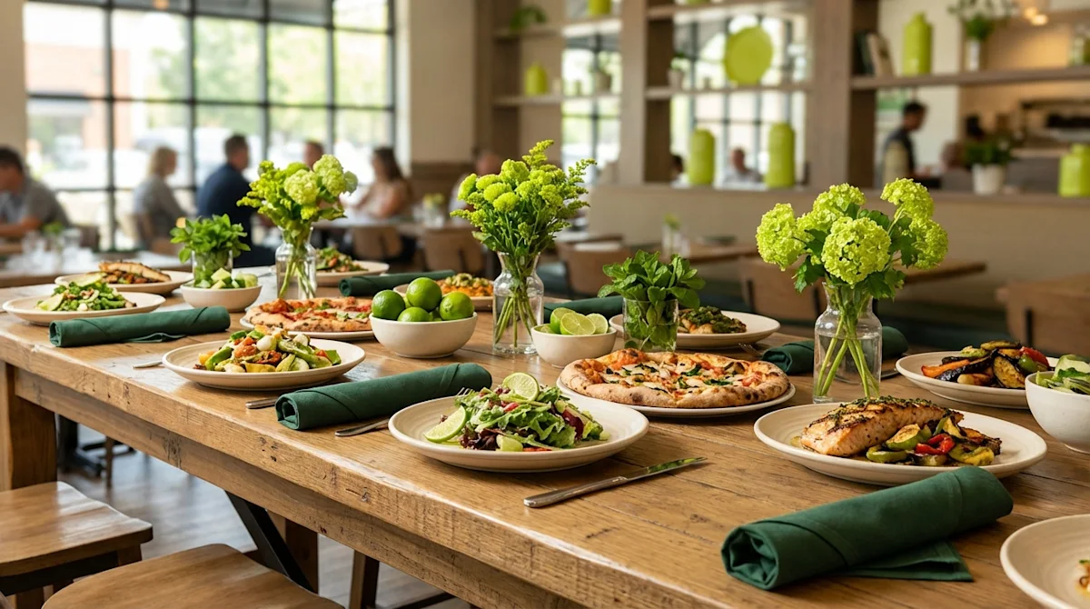 Welcoming dining table spread with gourmet dishes and forest green napkins at a popular Cherry Hill eatery.