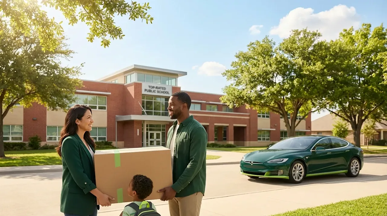 Happy family with a moving box in front of a top-rated school in Dallas, symbolizing a successful neighborhood move.