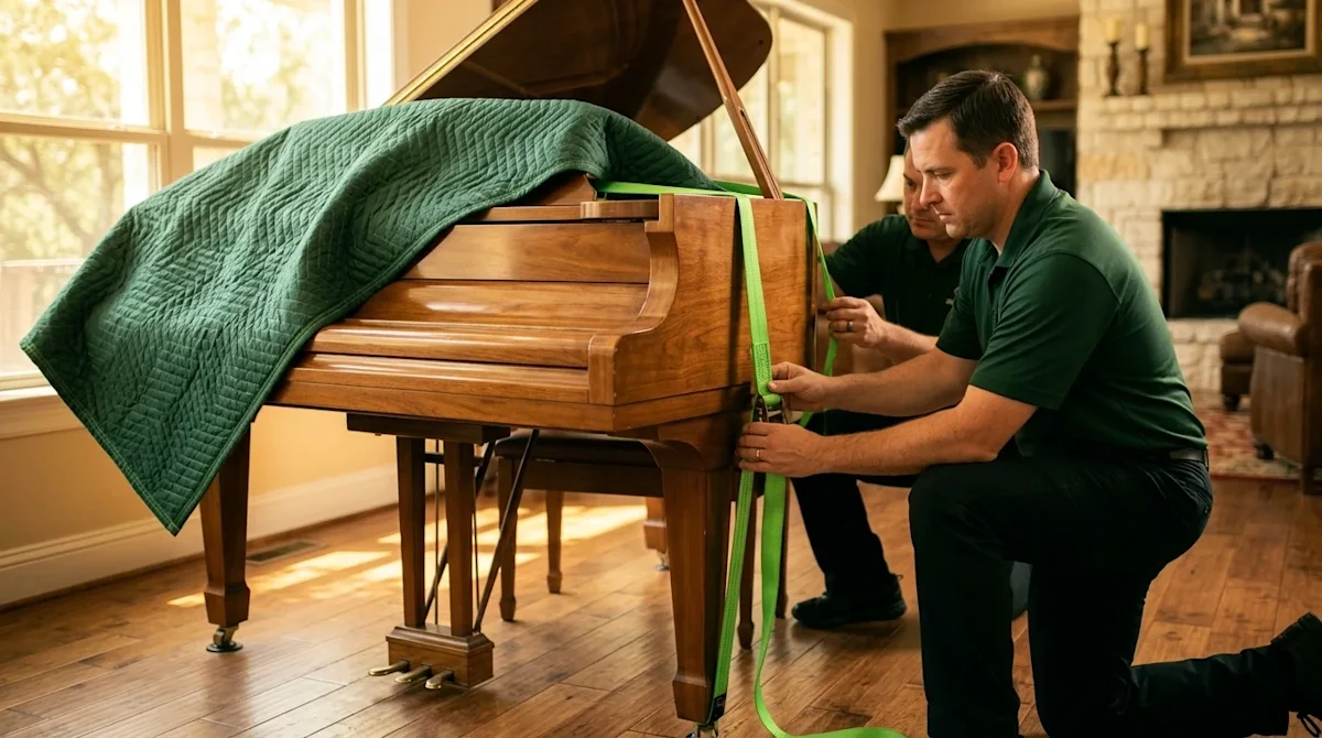 Professional marketing photography of two careful movers preparing a large piano for transport inside a warm, sunlit San Anto