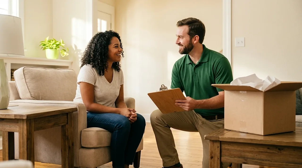 Professional marketing photography, full-bleed edge-to-edge image of a friendly, stress-free conversation between a relaxed h