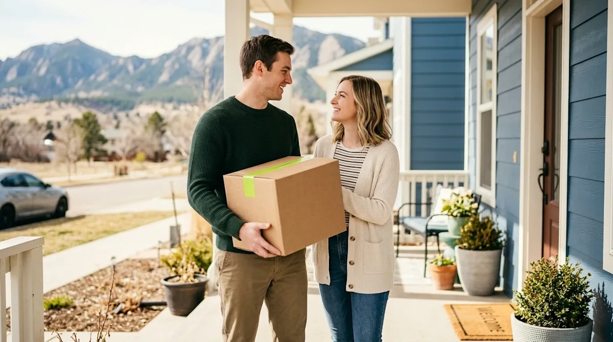 Clear and professional marketing photography of a happy young couple standing on the welcoming front porch of a modest, charm