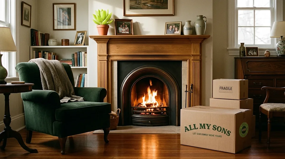 Photorealistic lifestyle photography of a beautifully styled, cozy living room centered around an elegant classic fireplace w