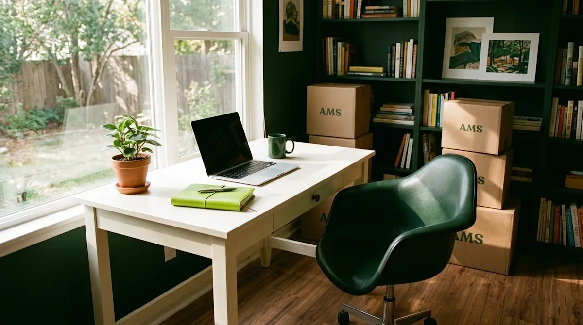 A high-quality lifestyle photograph of a beautifully organized and functional home office, perfectly capturing an authentic,