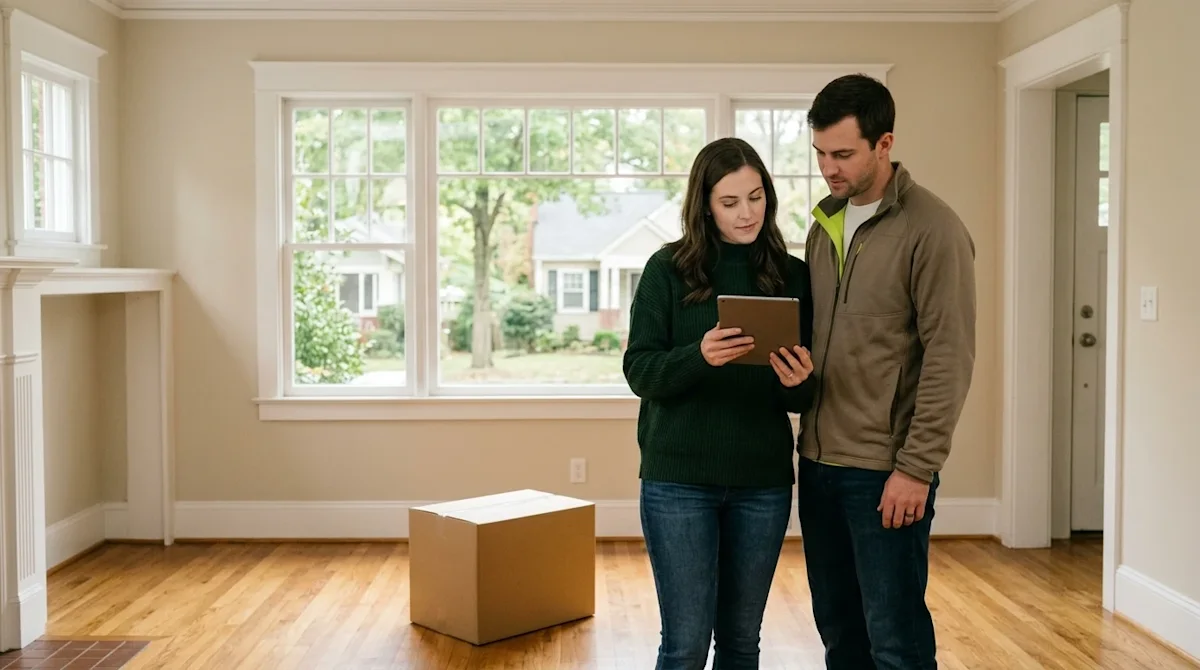 Clear, professional marketing photography of a thoughtful young couple standing in an empty, sun-drenched living room with wa