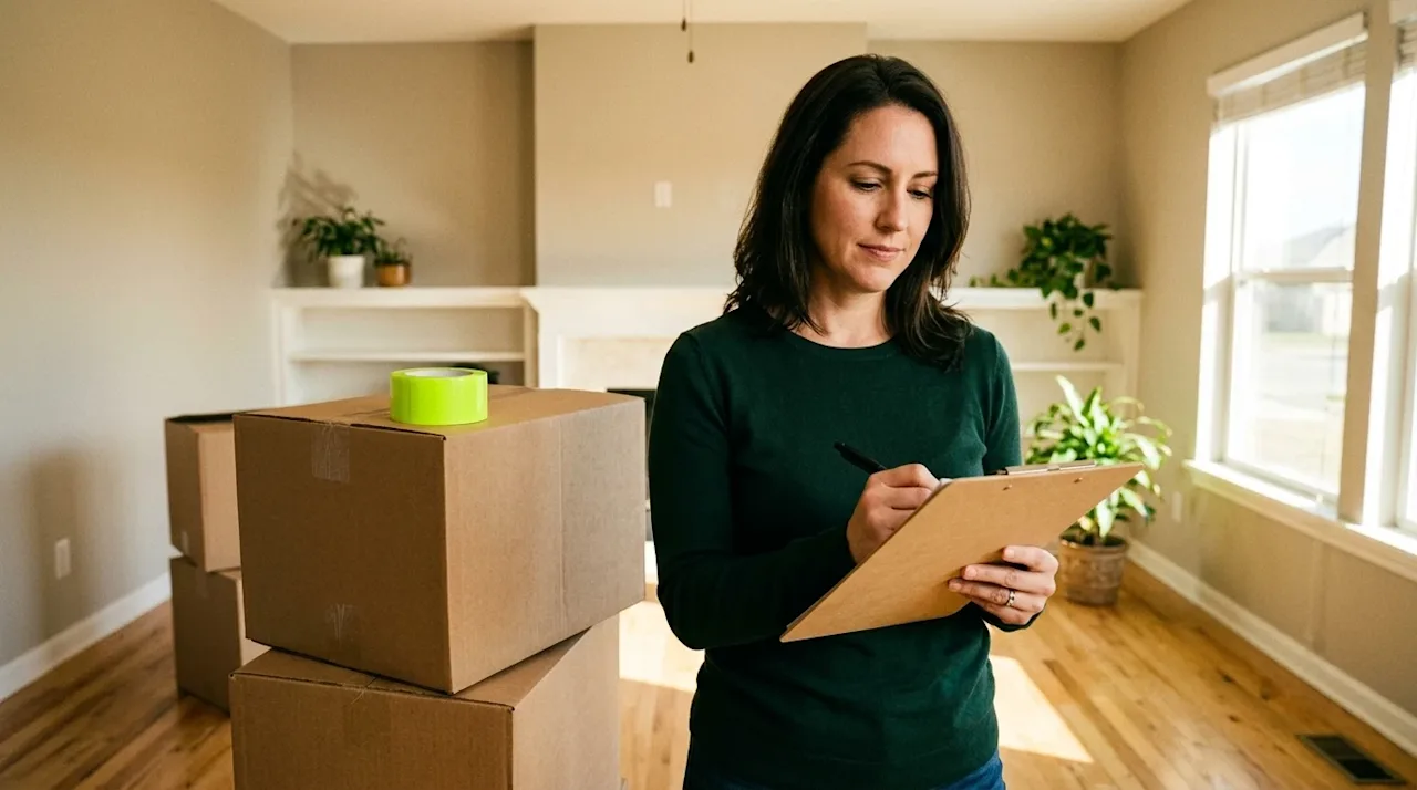 A candid, vintage 35mm film lifestyle photograph of a confident homeowner standing in a bright, sunlit living room, reviewing