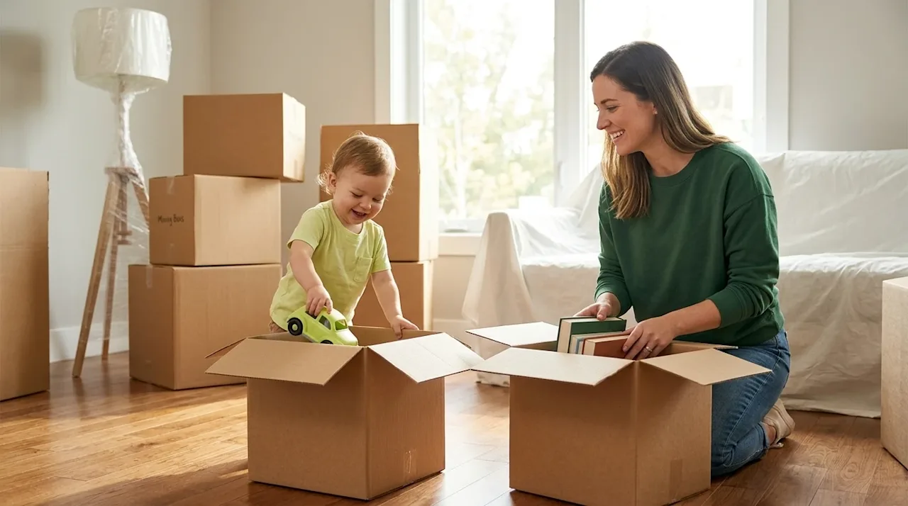 Professional marketing lifestyle photography of a stress-free moving day with a toddler. A cute, cheerful toddler is playfull