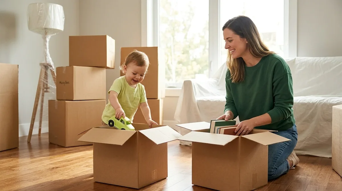 Professional marketing lifestyle photography of a stress-free moving day with a toddler. A cute, cheerful toddler is playfull