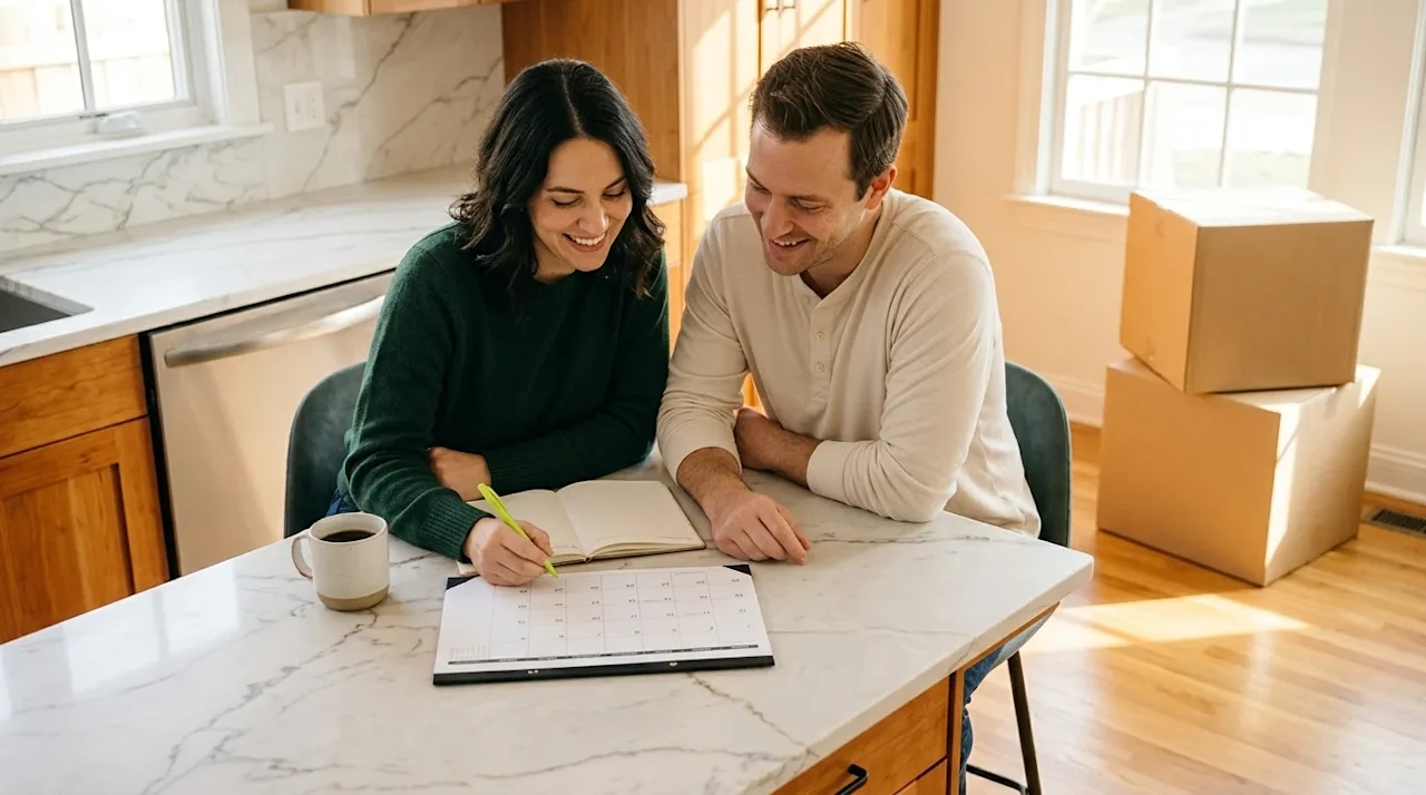 Professional marketing photography of a happy, relaxed couple sitting at a bright, warm-toned kitchen island, smiling while l