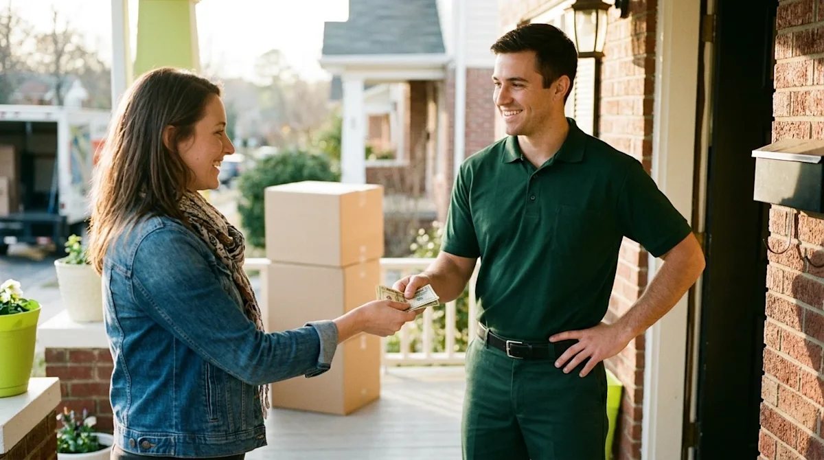 A candid, authentic 35mm film style photograph of a happy customer handing a cash tip to a smiling professional mover at the