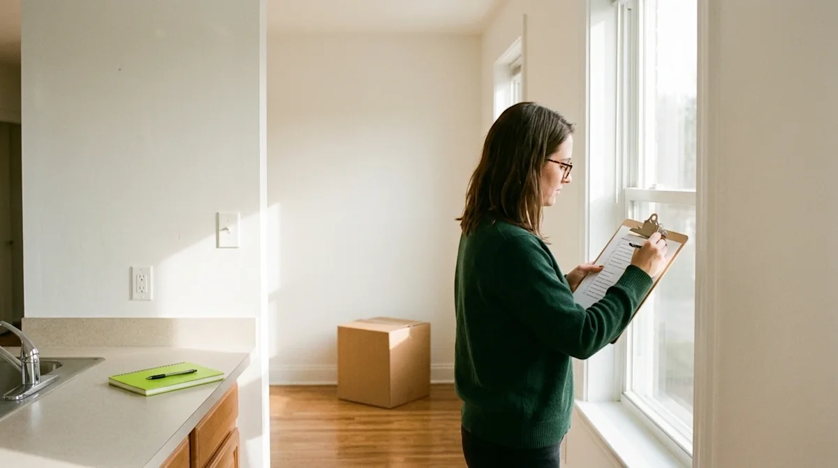 Authentic, candid 35mm film photography of a young adult tenant conducting an apartment inspection in a clean, bright, freshl