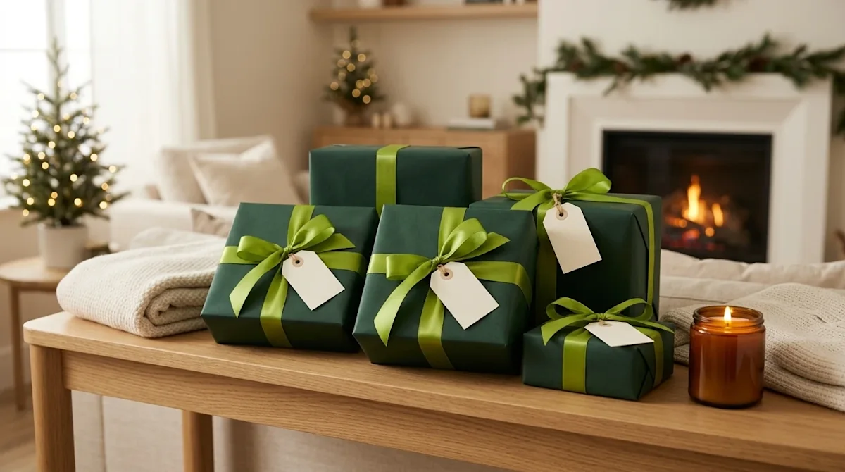 Professional marketing photography of an elegant holiday gift arrangement set in a warm, inviting modern home interior. Sever