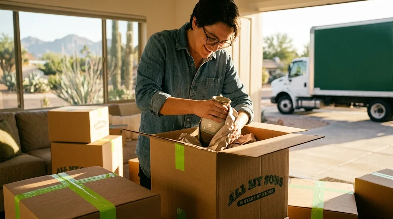 Candid lifestyle photography, shot on 35mm film with warm, nostalgic color grading and slight film grain of a man packing a vase.