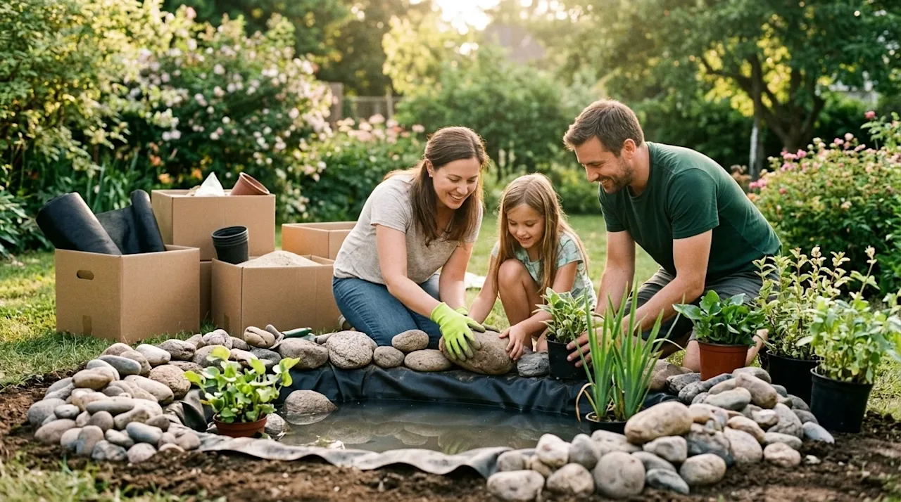 A candid, warm lifestyle photograph of a family happily building a decorative pond in their lush backyard. A partially dug sh