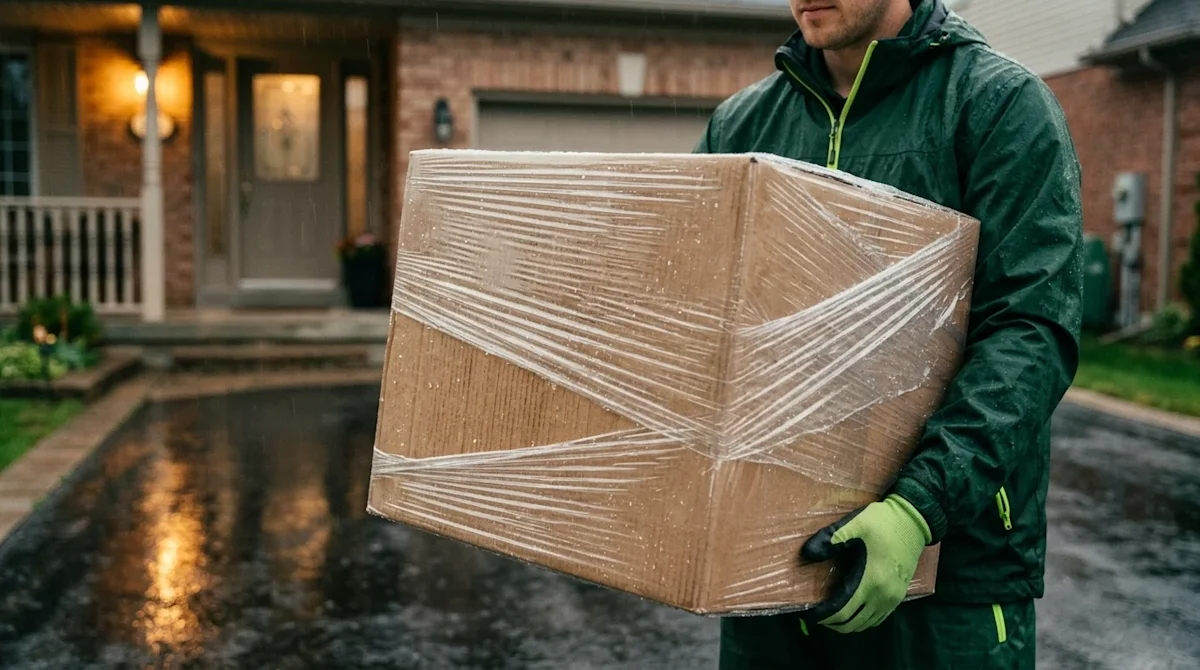 Professional marketing photography, a sturdy moving box securely wrapped in heavy-duty clear waterproof plastic to protect it