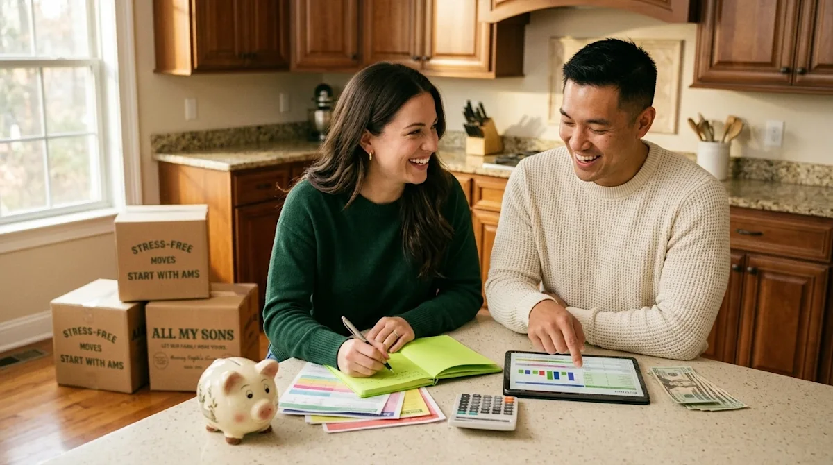 Clear, professional marketing photography of a smiling couple at a warm, inviting home kitchen counter, happily planning thei
