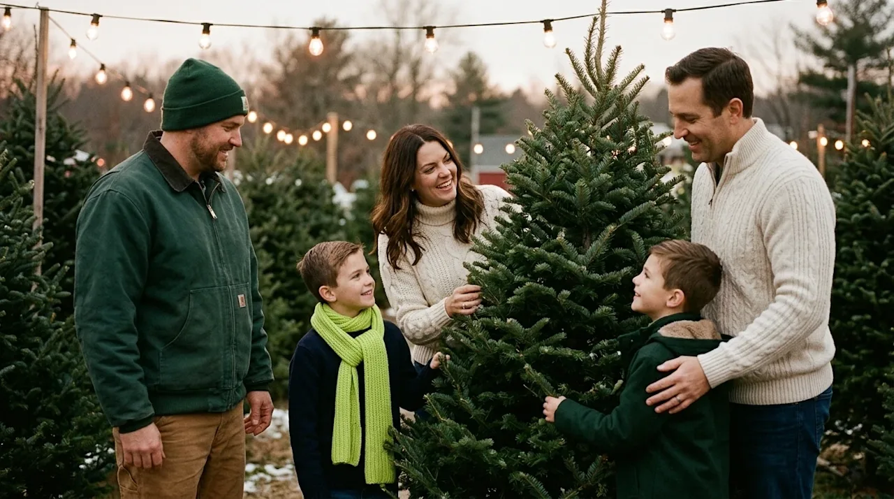 Professional marketing photography, candid 35mm film style. A joyful family at a cozy outdoor Christmas tree farm during dusk