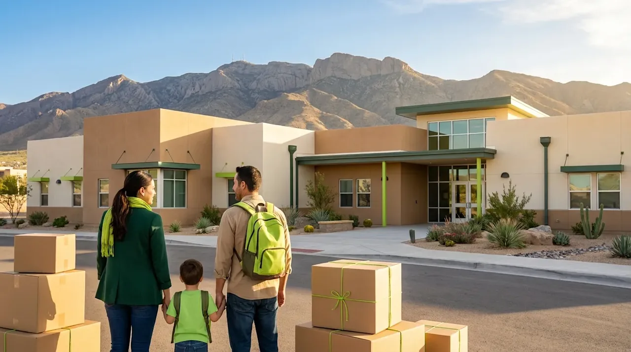 Family with moving boxes in front of an El Paso school with the Franklin Mountains in the background.