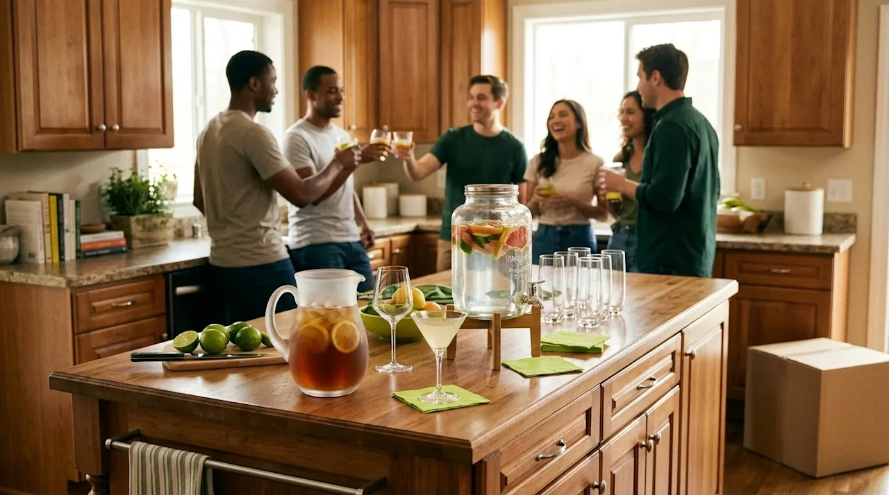 A candid, high-quality photograph of a lively housewarming party in a warm, inviting, newly unpacked kitchen. In the foregrou