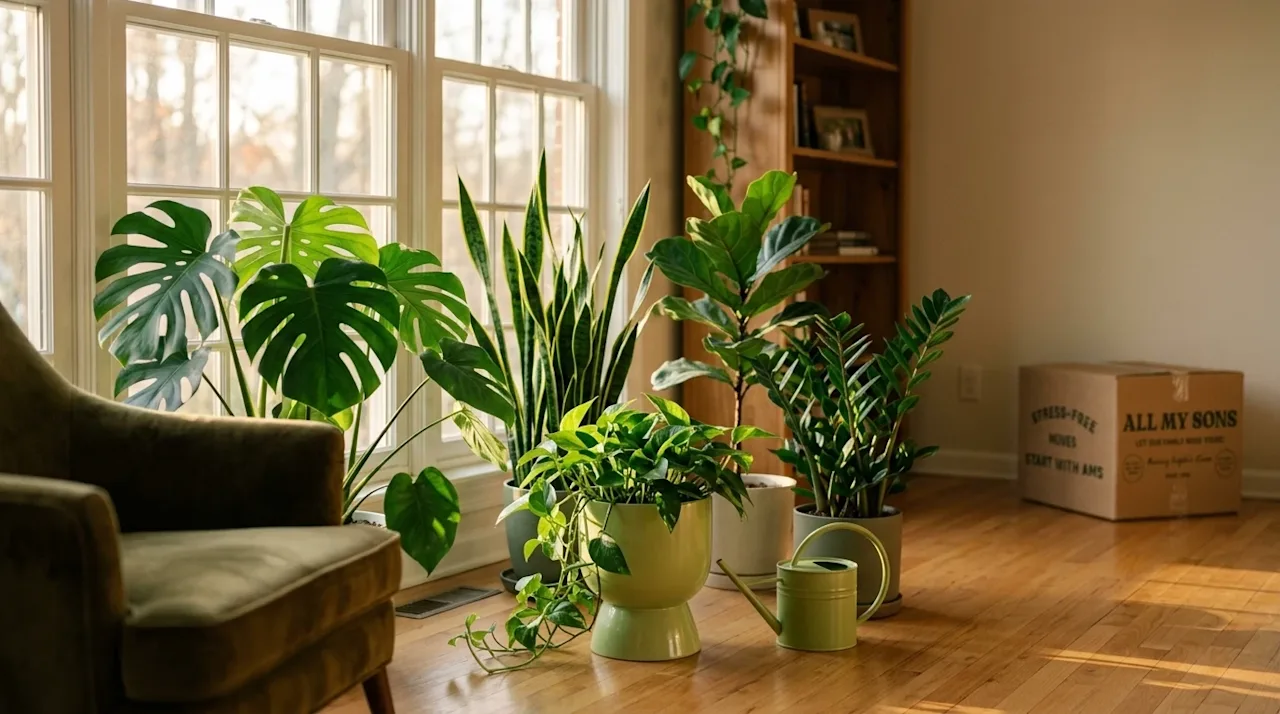 Professional marketing photography of a sunlit, cozy living room showcasing a variety of healthy, vibrant indoor plants like