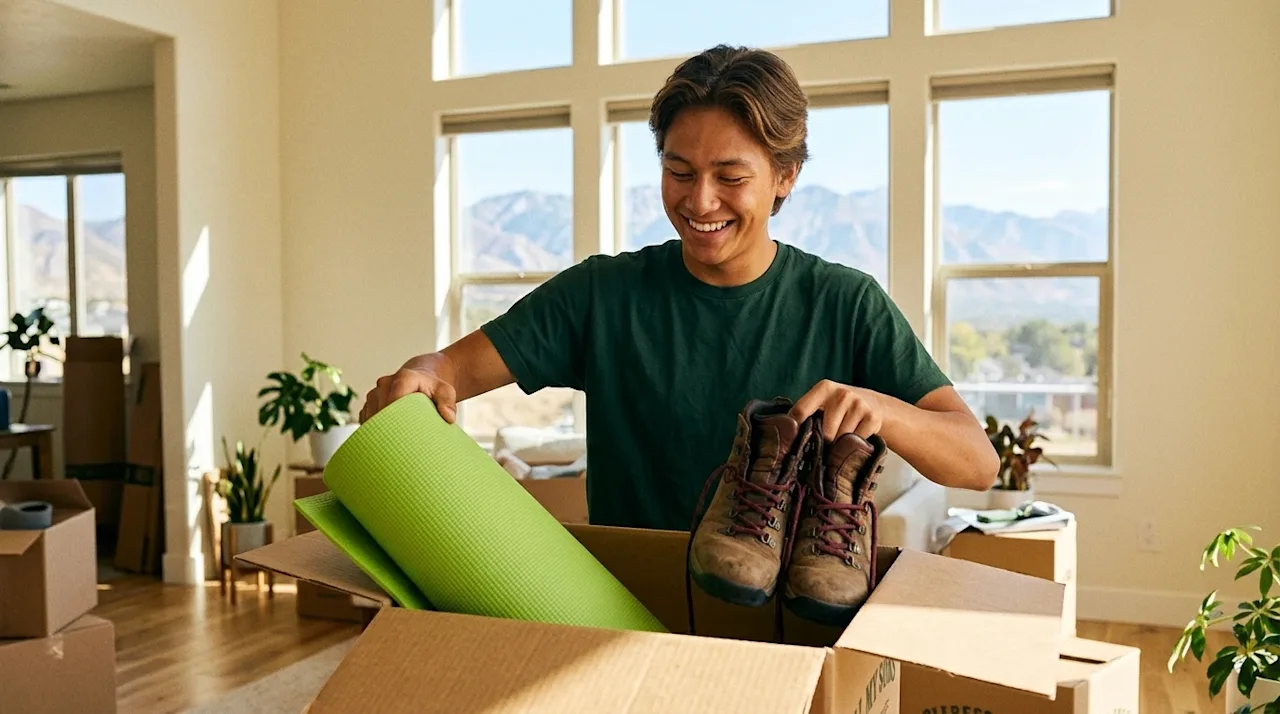A high-quality, candid lifestyle photograph of a smiling person in a bright, airy new home, symbolizing the start of a health